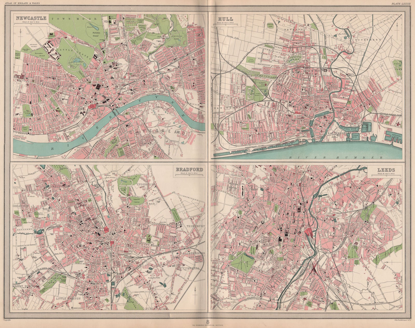NORTHERN ENGLISH CITIES. Plans of Newcastle Hull Bradford Leeds. LARGE 1903 map